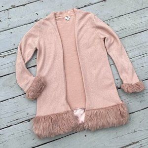 Cute Cozy River Island Girls Long Pink Sweater Duster Faux Fur Trim Sz 11 12
